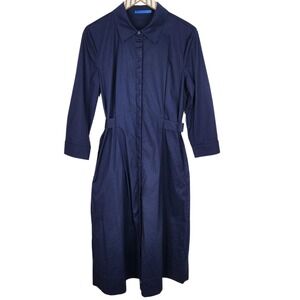 J. McLAUGHLIN Shirt Dress Womens Large Navy Blue Minae Belted Cotton 3/4‎ Sleeve